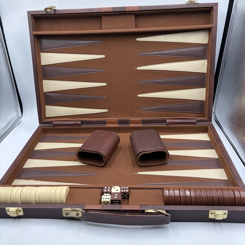 Vintage‎ Backgammon Set Brown Faux Leather Travel Case Complete